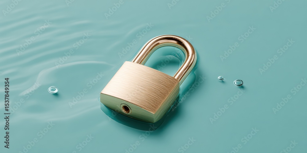 Poster Levitation Bronze Lock and Key Hovering Over Azure Surface with Modern Security Concept for Digital Privacy and Trusted Protection Solutions