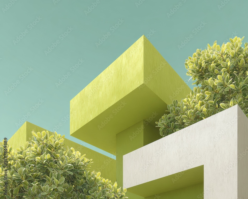 Poster Imaginative geometric architecture with sharp edges and overlapping structures in urban landscape featuring angular shadows for modern real estate marketing