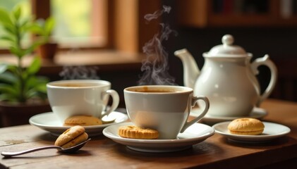 Obraz premium Three steaming teacups, biscuits, teapot on wooden table, image, food