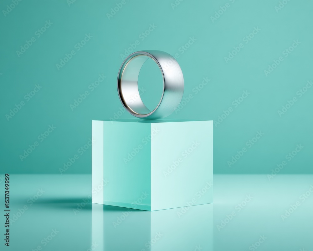Poster minimalist metallic smart ring on geometric cube with pastel background - modern wearable tech showc