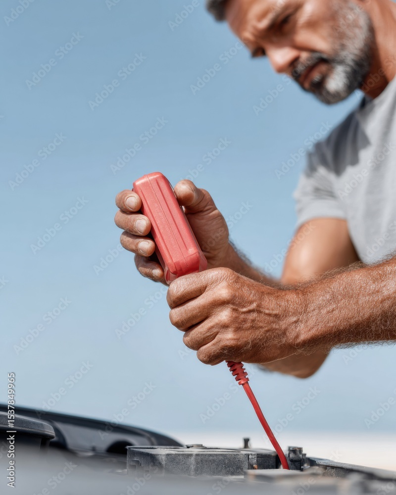Poster automotive battery testing with voltmeter in outdoor repair workshop showing precision and reliable 