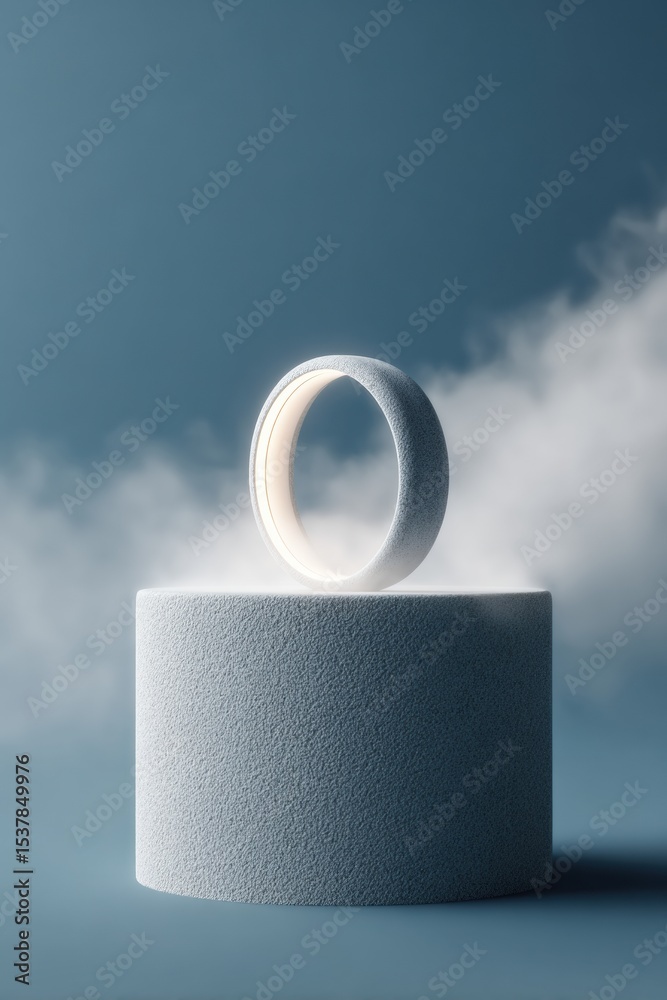 Poster futuristic biohacking ring with sleep score interface on textured pedestal in navy fog - wearable te