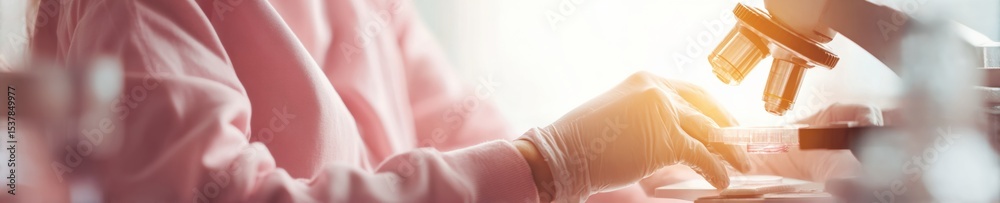 Poster cancer research scientist using microscope in modern laboratory for early detection and diagnostic i