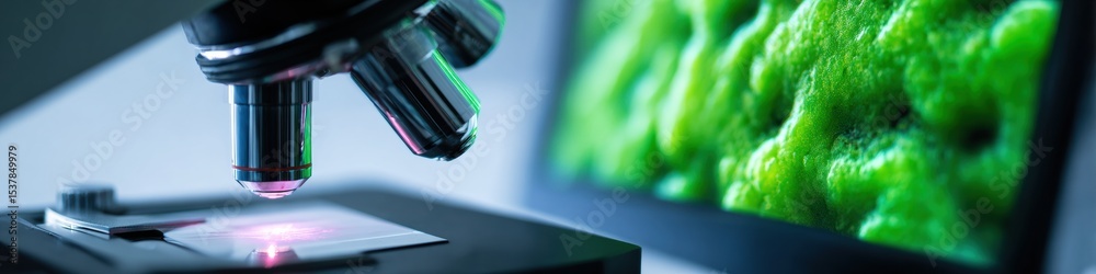 Aufkleber Advanced Biopsy Analysis with Modern Microscope and Tissue Slide Near Computer Display Showing Glandular Tissue for Precision Pathology and Medical Research