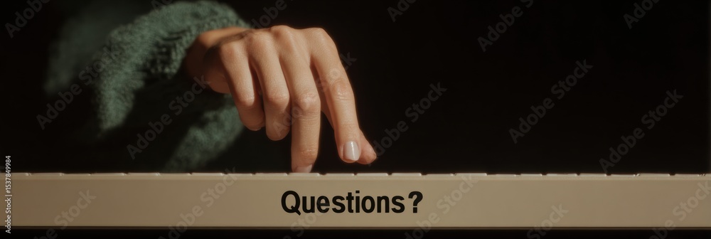 Poster Modern digital customer support concept with close-up hand pressing Questions button on keyboard, emphasizing inquiry assistance and connection in professional workspace