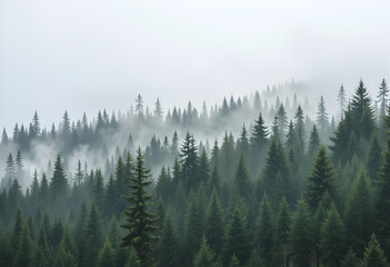Foggy Evergreen Forest Landscape with Mist and Diffused Light