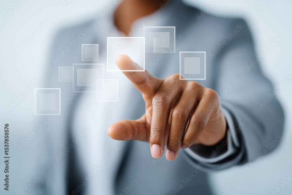 Poster business professional interacting with floating zero trust security icons in clean minimalistic offi
