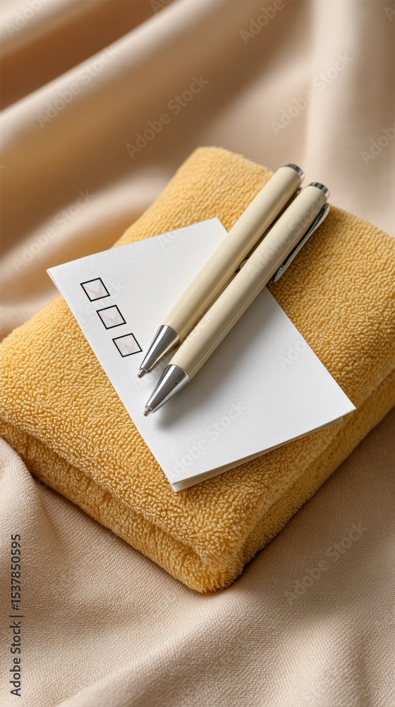 Aufkleber warm lifestyle vote counting checklist with two pens on textured honey towel - organized workflow an