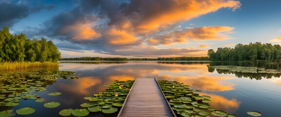 Sunset Lakeside Panorama with Wooden Dock and Lily Pads