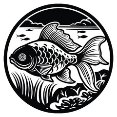 Set of salmon silhouette in line art style.Fish vector by hand drawing.Fish tattoo on white background.Black and white fish vector on white background.Salmon fish sketch for coloring book.