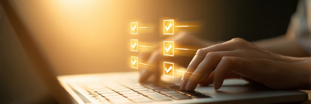 Golden Hour Digital Form Completion with Professional Woman Typing on Laptop, Virtual Checklist Interface for Streamlined Data Collection and User Input