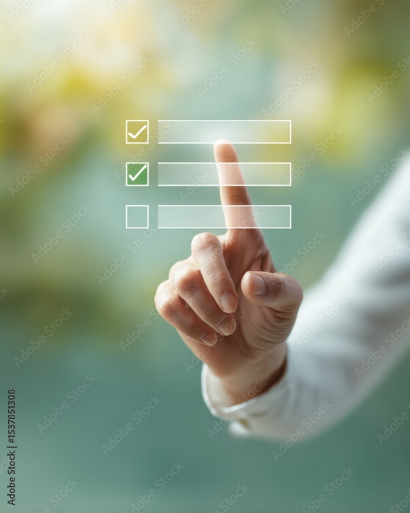 Leinwandbilder Digital Progress Checklist Interface with Interactive Touch and Connected Checkmarks in Serene Pastoral Office Setting Promoting Workflow Automation Efficiency