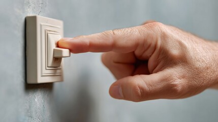 Hand Turning Light Switch On Wall in Minimalist Home Setting with Soft Natural Light for Sustainable Energy Control and Modern Lifestyle
