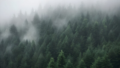 Foggy Evergreen Forest Landscape with Mist and Diffused Light
