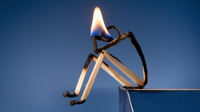 A creative figure made of matchsticks sits in contemplation, with a flame on its head, against a blue background.