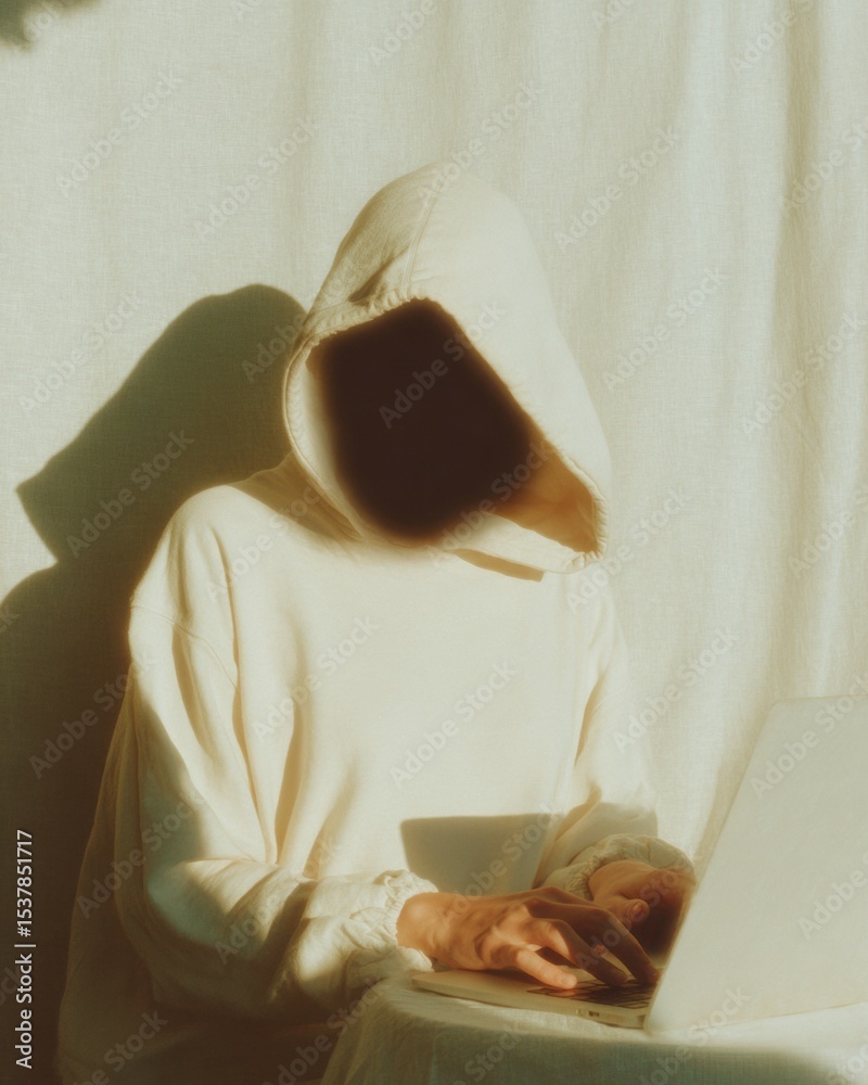 Poster Minimalist Cybersecurity Concept with Hooded Anonymous Figure Using Laptop in Soft Natural Light for Digital Threat Awareness Campaigns