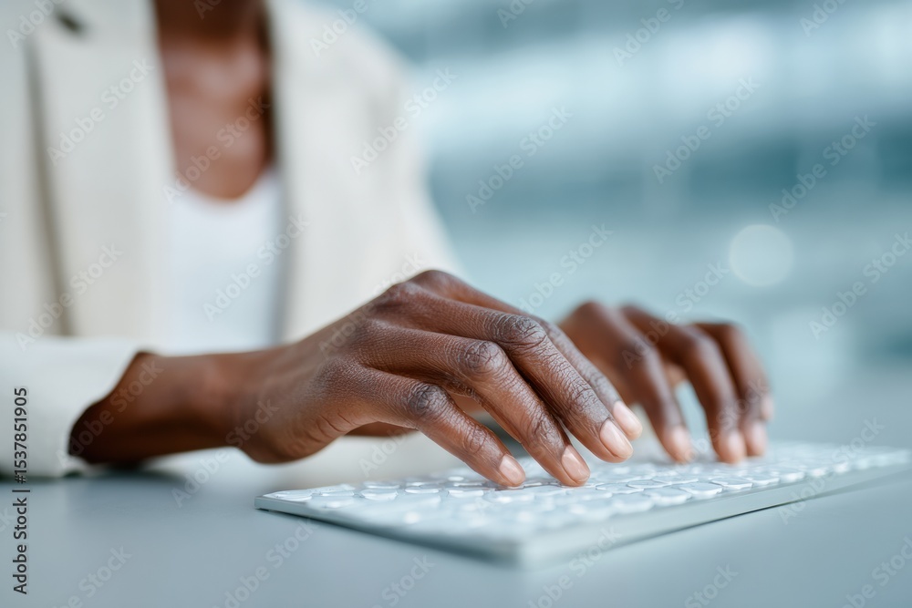 Poster Inclusive Technology Workspace with Visually Impaired Woman Using Braille Display and Desktop Keyboard in Minimalist Industrial Style