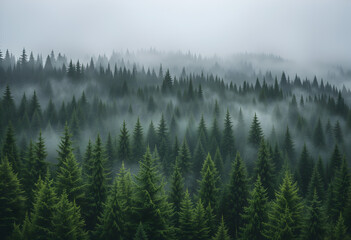 Foggy Evergreen Forest Landscape with Mist and Diffused Light
