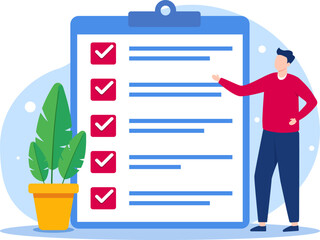 Man is standing in front of a checklist, which is displayed on a white background