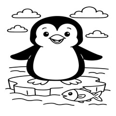 A cheerful penguin stands on ice with a fish nearby, drawn in a simple black-and-white line style, perfect for coloring books.