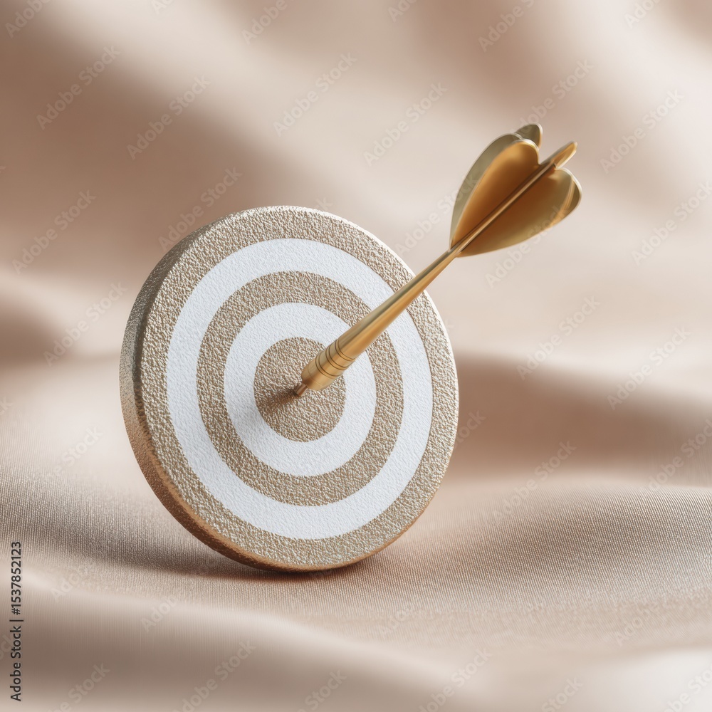 Poster Luxurious Gold Dart in Bullseye on Textured Champagne Target Board Symbolizing Precision Success and Leadership Focus with Elegant Metallic Aesthetic