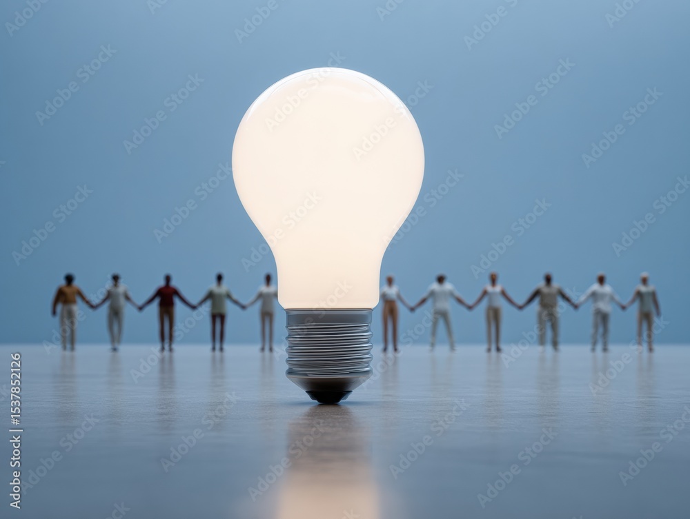 Poster collaborative innovation concept with business team silhouettes and illuminated lightbulb symbolizin