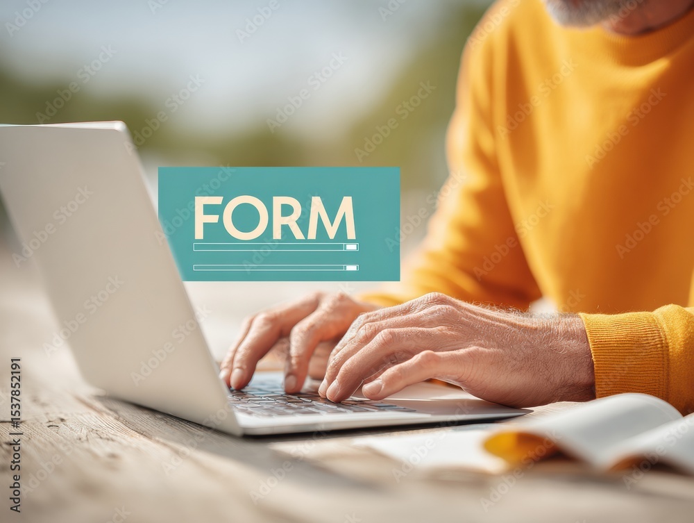 Aufkleber Digital Form Completion on Laptop with Virtual Questionnaire and Checkbox Interface in Modern Tech Learning Environment, Bright Natural Light