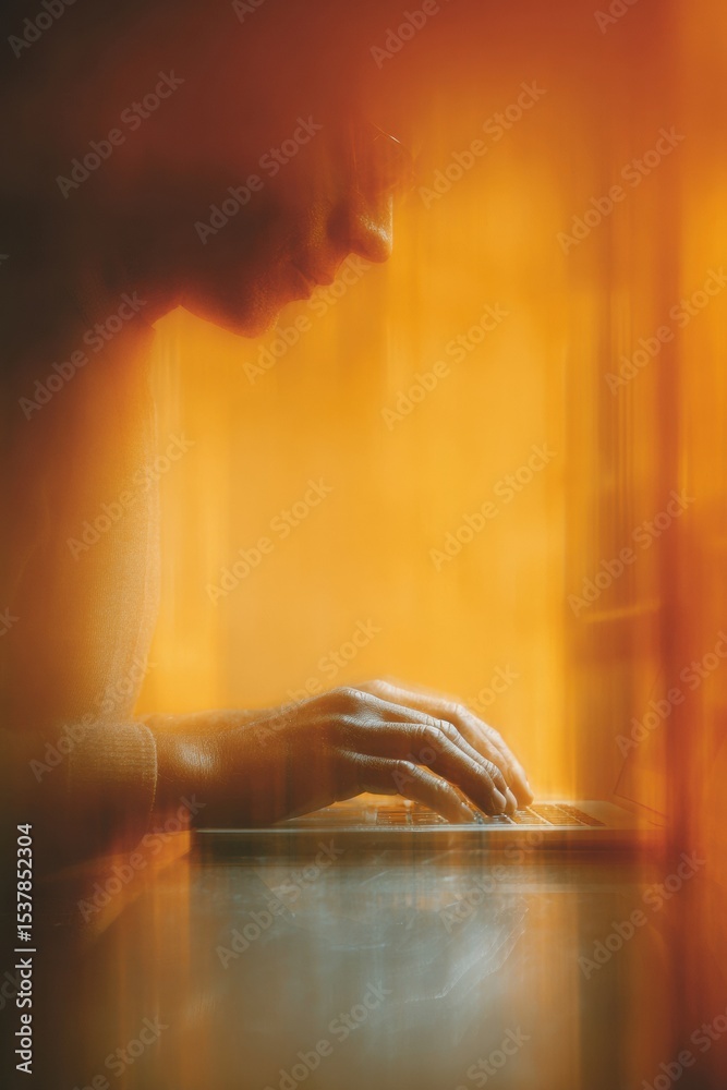 Aufkleber industrial warm-toned businessman using laptop for digital invoicing with e-billing dashboard and ta