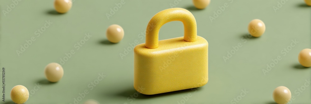 Aufkleber Modern Digital Security Concept with Yellow Lock and Floating Spheres on Minimalist Background for Cyber Defense and Data Protection