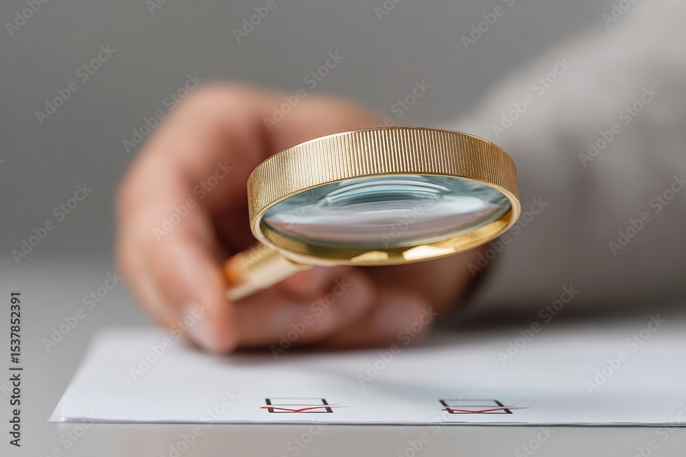Poster Artistic Completion Certificate with Magnifying Glass Focusing on Checklist Document in Dramatic Chiaroscuro - Quality Control and Verification Concept