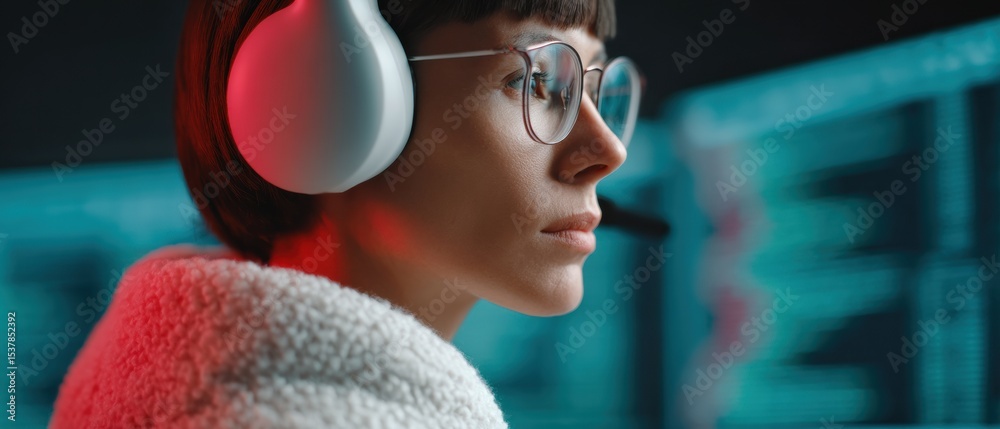 Poster Cybersecurity Training with Young Woman Wearing Headset Analyzing Network Data on Multiple Monitors in Bold Red and Black Tech Setting