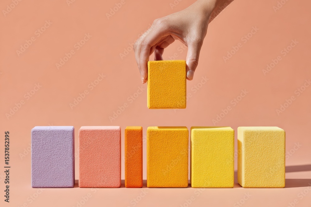 Poster minimalist completion certificate with colorful wooden blocks as progress bar, dramatic backlighting