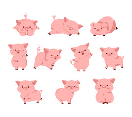 A cute cartoon pig illustration set featuring the pig in various playful and expressive poses. Perfect for children designs, educational materials, farm themed projects, and character collections.