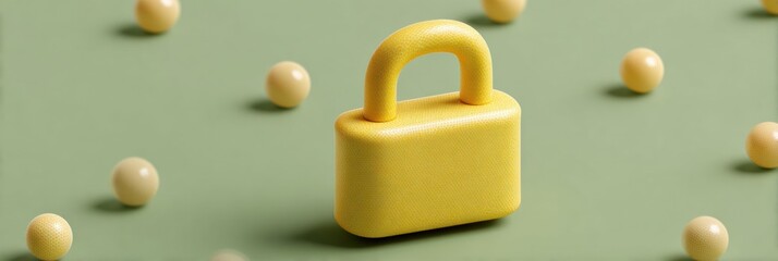 Modern Digital Security Concept with Yellow Lock and Floating Spheres on Minimalist Background for Cyber Defense and Data Protection