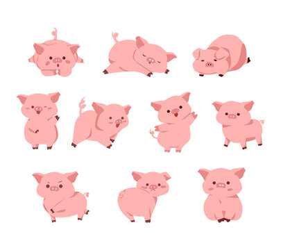 A cute cartoon pig illustration set featuring the pig in various playful and expressive poses. Perfect for children designs, educational materials, farm themed projects, and character collections.