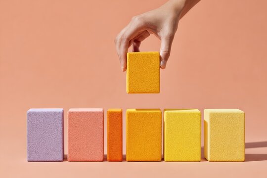 Minimalist Completion Certificate with Colorful Wooden Blocks as Progress Bar, Dramatic Backlighting, Vibrant Triadic Palette for Productivity Coaching