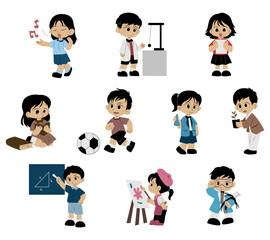 A collection of illustrations featuring students engaged in various school subject activities. Perfect for educational materials, classroom visuals, and academic themed designs.