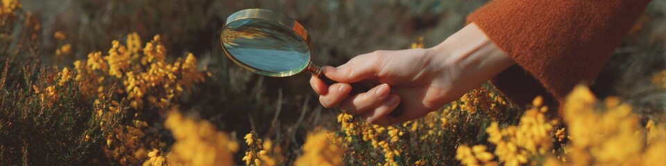 Warm Ambient Air Quality Inspection with Magnifying Glass in Natural Setting, Cozy Textures and Earth Tone Palette for Environmental Health Branding