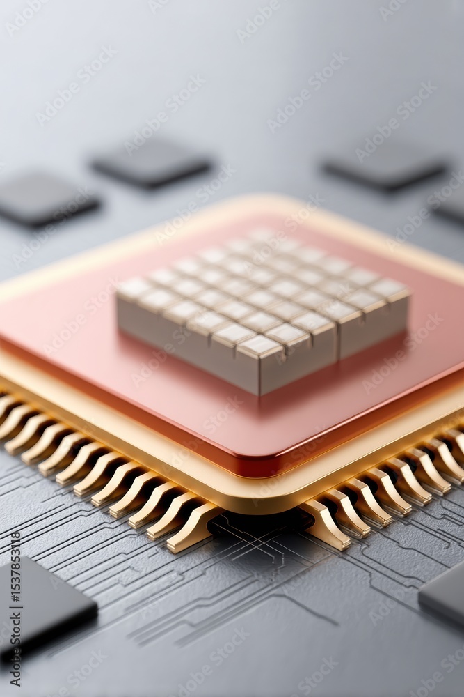 Poster Quantum semiconductor chip with intricate circuit paths and geometric silicon micropatterns on sleek processor core for AI and machine learning technology marketing