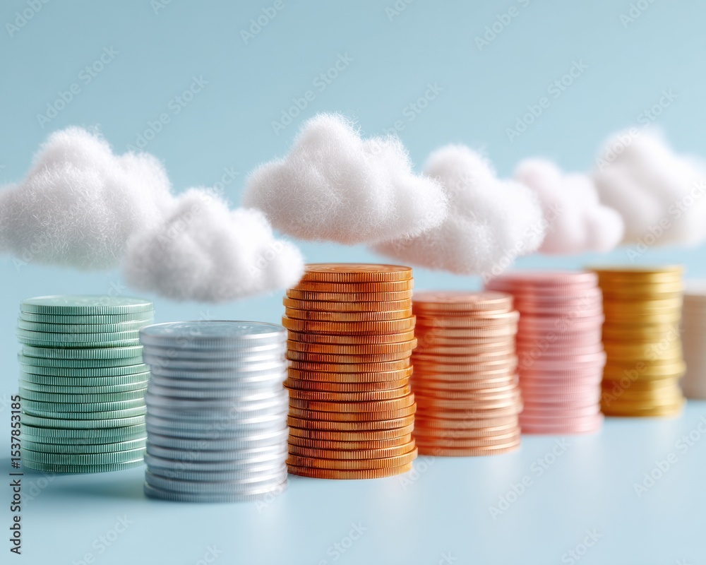 Poster Privacy Coin Stacks with Soft Clouds Representing Secure Cloud Financial Services and Digital Asset Management for Modern Virtual Banking Solutions