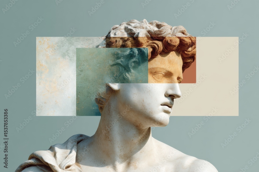 Poster Digital Reimagining of Classical David Bust with Geometric and Retro Synth Aesthetic for NFT Art and Futuristic Collectibles Marketing
