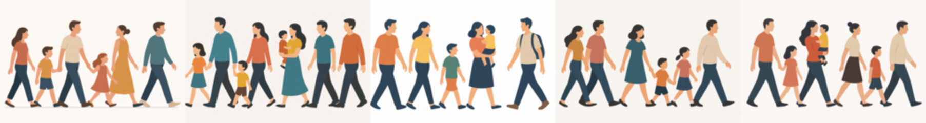 Obraz premium Vector Set image of people walking man woman a woman carrying a baby and children
