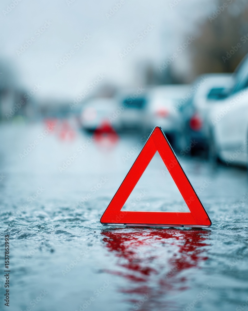 Poster emergency roadside warning triangle on wet flooded street with heavy rain and traffic in urban area 