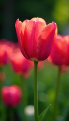 Fototapeta premium Vibrant tulip, rich hues, lush flowerbed backdrop, blossoming, flowers