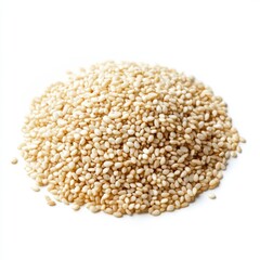 A close-up view of a mound of unhulled sesame seeds against a stark white background showcasing their creamy texture and natural color ideal for culinary and nutritional contexts.