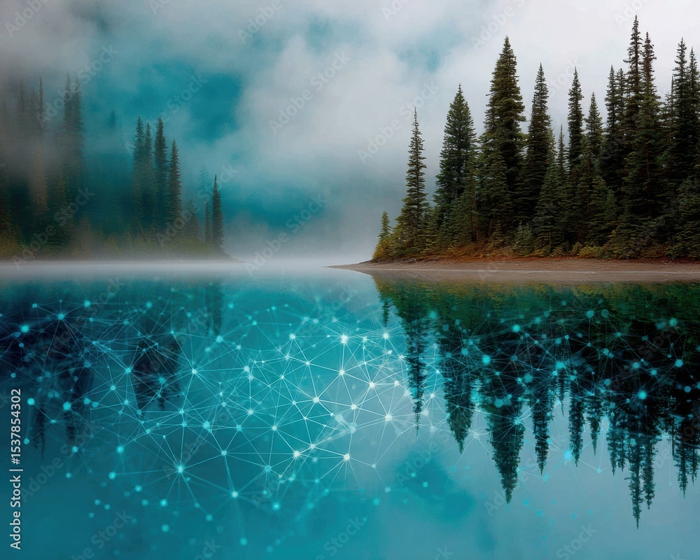 Poster Abstract Citizen Science Network Overlaid on Misty Lake Landscape Reflecting Pine Trees - Data Visualization for Tech Innovation and Community Mapping