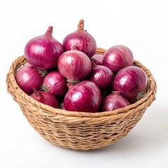 A wicker basket overflows with a vibrant harvest of fresh red onions ready for culinary use, showcasing their rich color and texture.