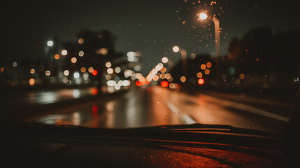 City lights blur through a rainy car window, a dreamy urban journey at night