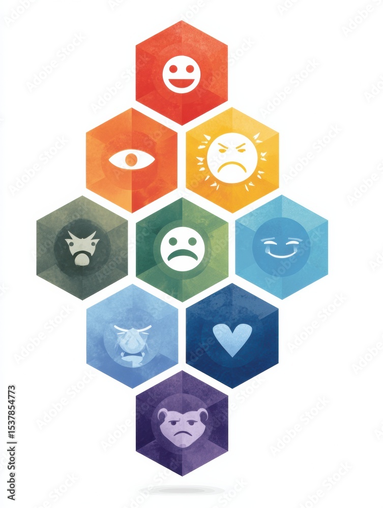 Aufkleber Exploring Various Types of Emotional Boundaries Through a Colorful Hexagonal Chart Depicting Diverse Emotions and Expressions