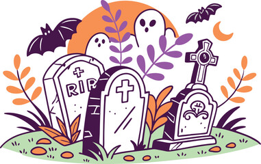 Graveyard Scene with Tombstones Halloween Art. Haunted Cemetery Illustration with Tombstones. Spooky Graveyard Night Scene for Halloween. Tombstone Landscape Illustration for Scary Design